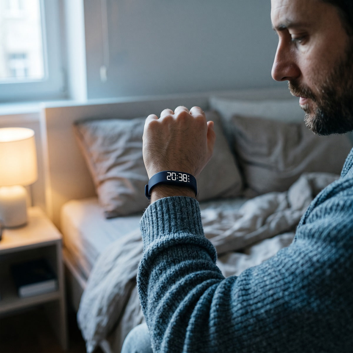 Quiet Morning watch showing its adjustable silicone strap and LED display