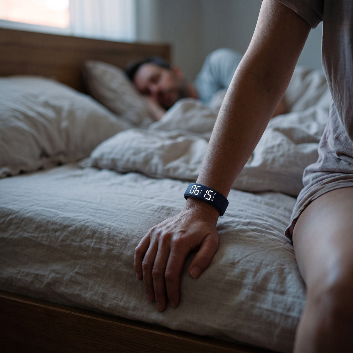 Quiet Morning watch worn in a shared bedroom at dawn