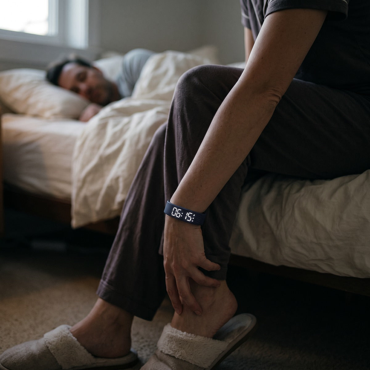 Dark Blue watch worn in a quiet bedroom at dawn