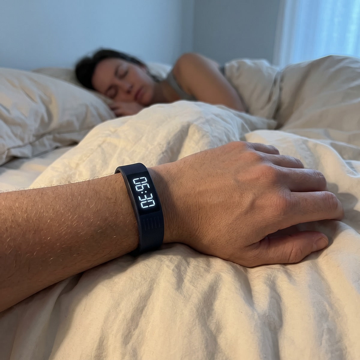 Dark Blue watch beside a bedside lamp