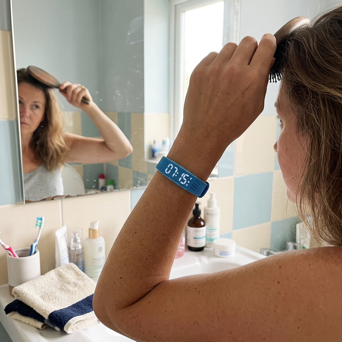 Woman wearing a Dark Blue watch at home