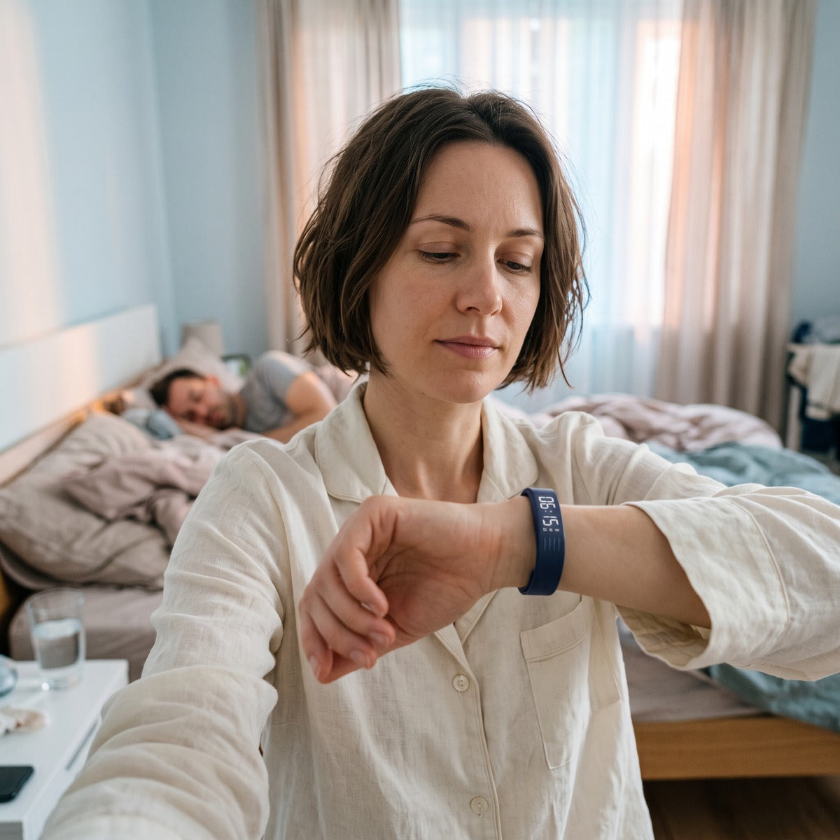 Woman wearing a Dark Blue watch before an early shift