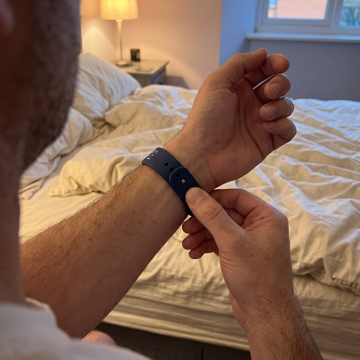 Wearer fastening a Dark Blue watch before bed